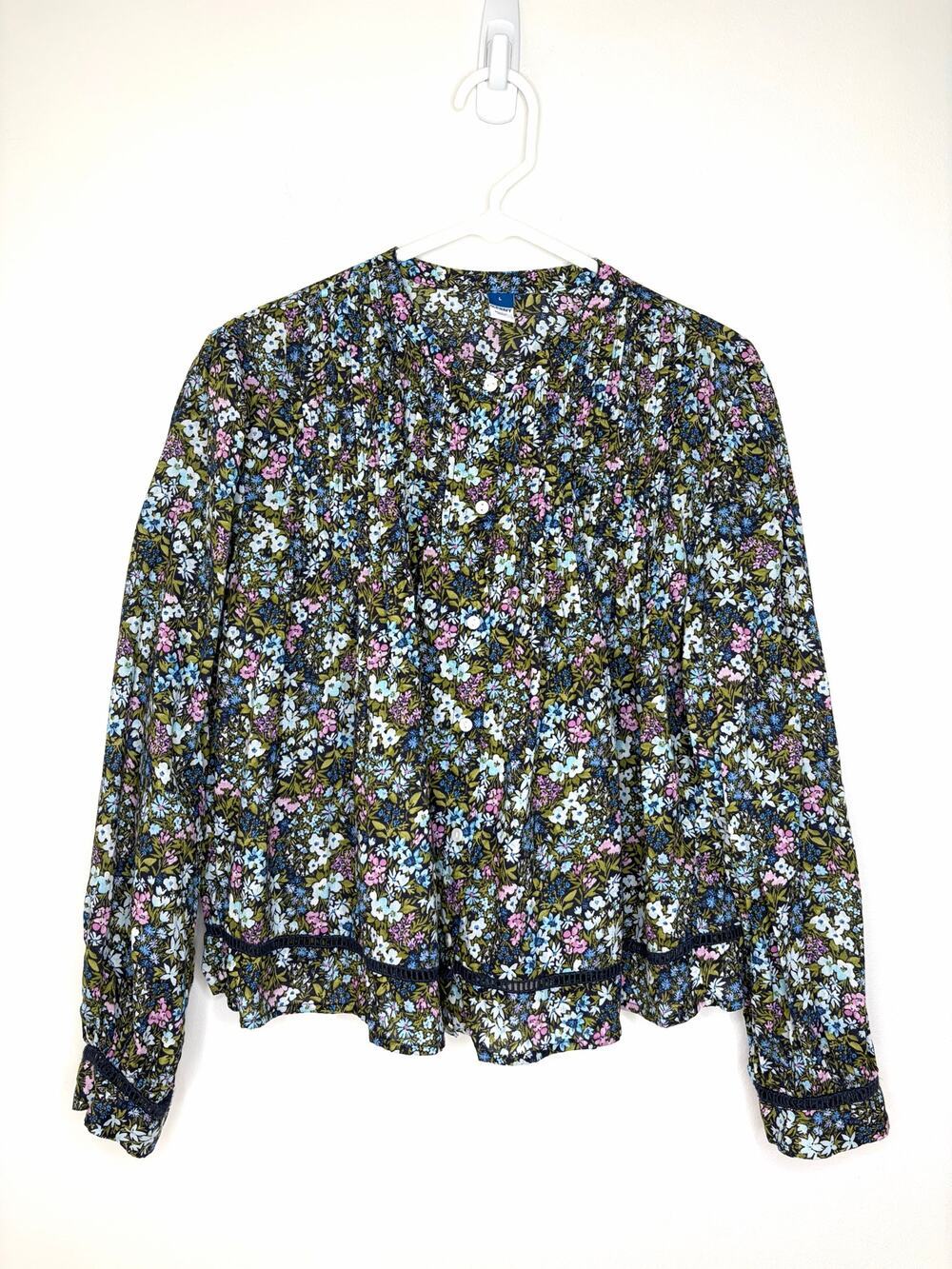 Old Navy Floral Button Down Cropped Pintuck Shirt Sz L Peasant Prairie Crochet